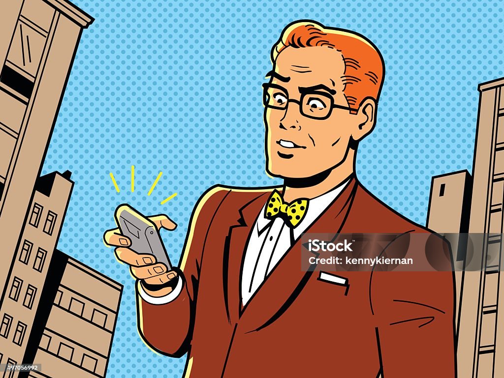 Retro Man With Glasses and Phone Ironic Illustration of a Retro 1940s or 1950s Man With Glasses, Bow Tie and Modern Smartphone Comic Book stock vector