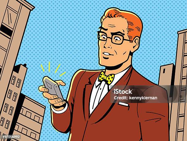 Retro Man With Glasses And Phone Stock Illustration - Download Image Now - Comic Book, Telephone, 2015