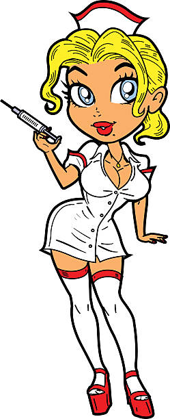 Sexy Nurse Sexy Blonde Naughty Nurse in Tight Uniform With Needle and Mischievous Smile nurse clipart stock illustrations