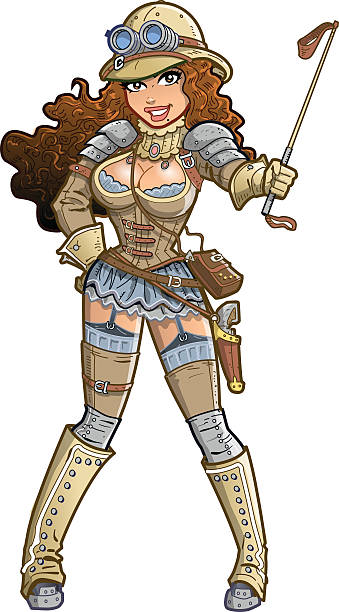 Sexy Steampunk Explorer Sexy Female Steampunk Safari Jungle Explorer with Pith Helmet and Riding Crop steampunk woman stock illustrations