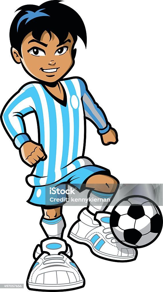 Soccer Player Confident smiling young man boy soccer football player with soccer ball and big sneakers Soccer stock vector