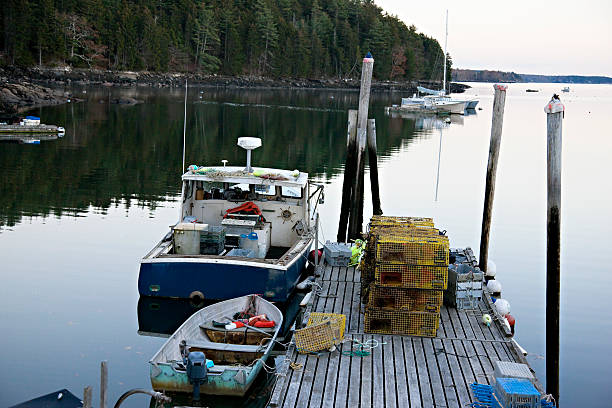 istock Old lobster boat at the dock in the evening 497058242