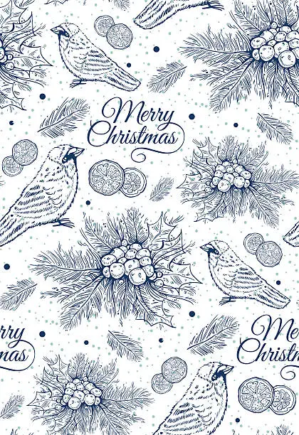 Vector illustration of seamless pattern with blue Christmas tree, ilex, citrus, bird