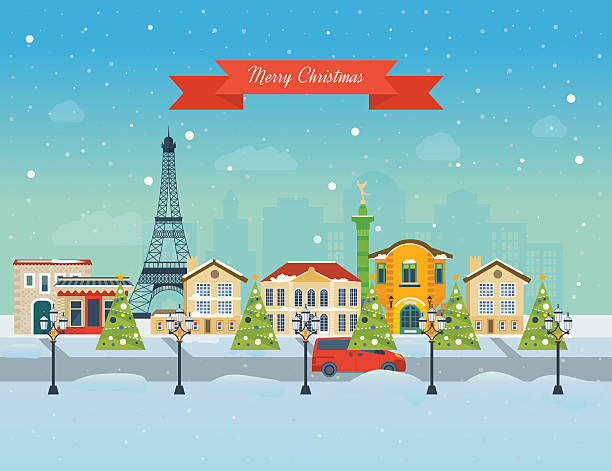 Merry Christmas greeting card design. Paris winter Cute invitation card with winter city life and space for text. Merry Christmas greeting card design. Paris Christmas winter. Travel to Europe. Vector illustration. eiffel tower winter stock illustrations