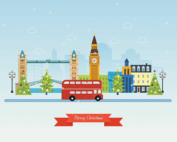 London, United Kingdom icons  travel concept. Merry Christmas greeting card London, United Kingdom, Big Ben tower flat icons design travel concept. Travel to Europe. Cute invitation card with winter city life and space for text. Merry Christmas greeting card design.  winter wonderland london stock illustrations