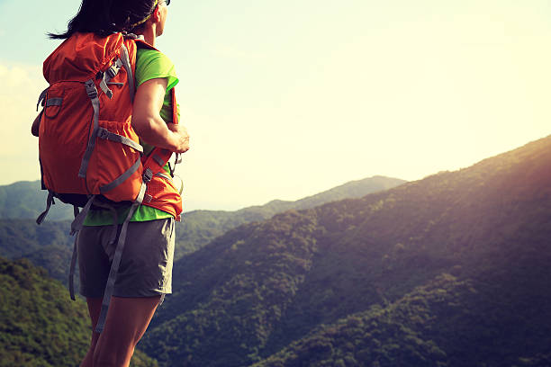 istock woman backpacker on mountain peak enjoy the view 497065264
