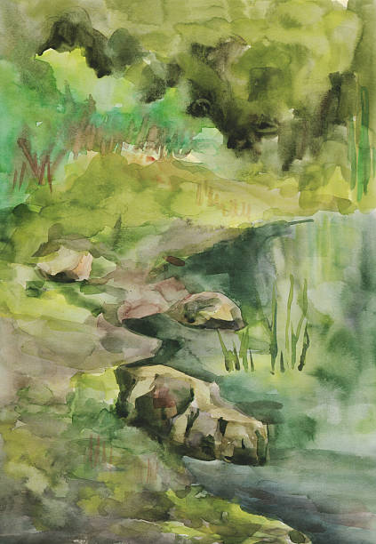 istock Stones on the lake, summer. Watercolor painting 497069114
