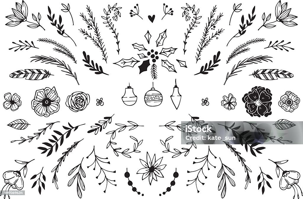 Hand Drawn vector vintage elements Hand Drawn vector vintage elements ( laurels, frames, leaves, berries, flowers, swirls and feathers). Perfect for invitations, greeting cards, quotes, blogs, Wedding Frames, posters and more. Christmas stock vector