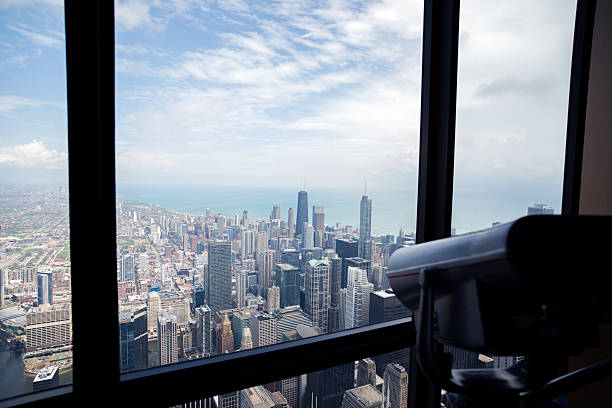 Chicago skyline aerial drone view from above, lake Michigan and city of Chicago downtown skyscrapers cityscape