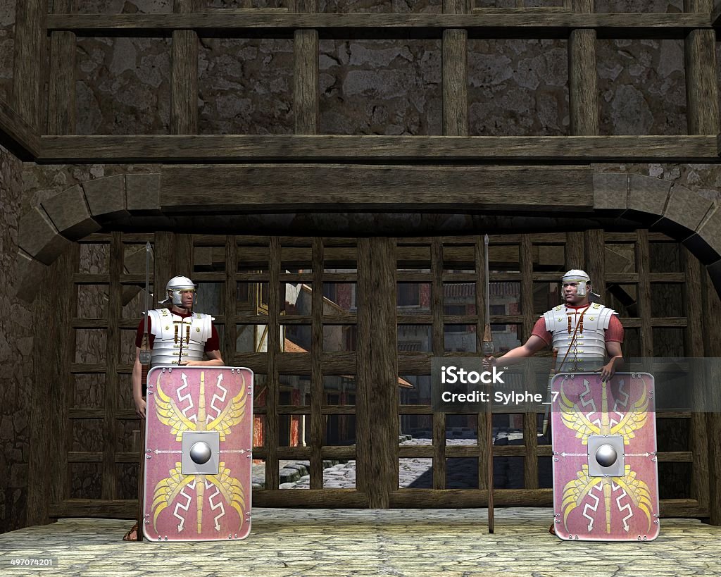 Roman Legionary Gate Guards Illustration of two Imperial Roman legionaries guarding the gate to a fortress or city, 3d digitally rendered illustration. Roman Stock Photo