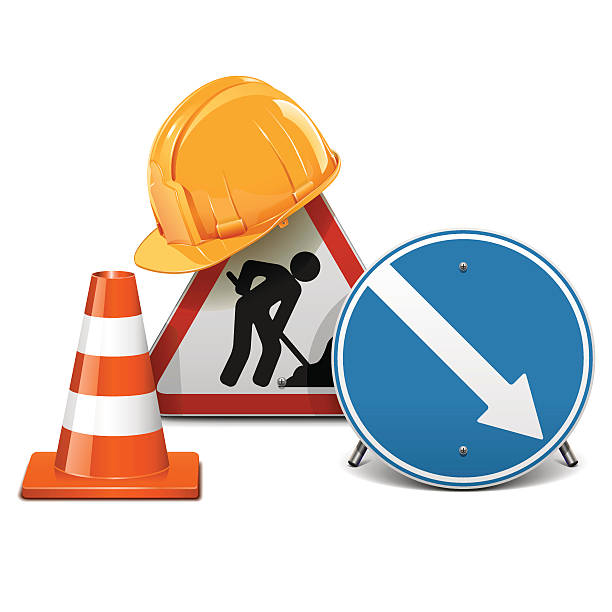 векторные дорожные знаки с шлем и конусообразными - road sign arrow sign blue built structure stock illustrations