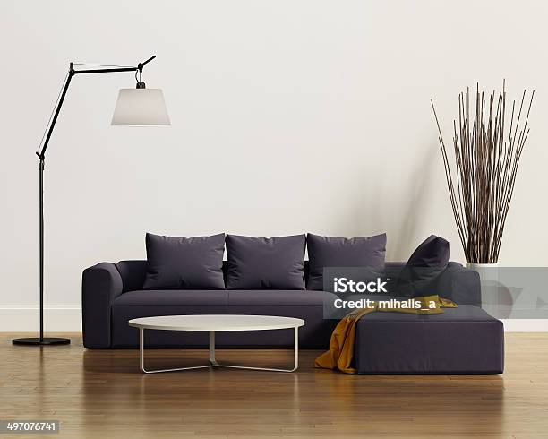 Contemporary Elegant Luxury Purple Sofa With Cushions Stock Photo - Download Image Now