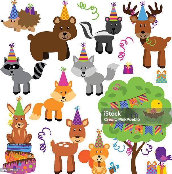 Vector Collection Of Birthday Party Themed Forest Or Woodland Animals Stock Illustration - Download Image Now