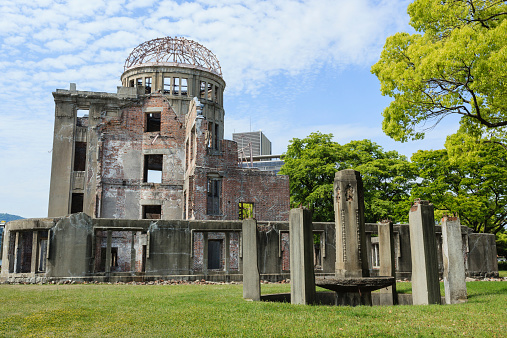 he Atomic Bomb Dome memorial in Japan stands as a living reminder of the horrors of World War II. The Hiroshima A-Bomb Dome was the only building left standing in Hiroshima after the first nuclear detonation during World War II.