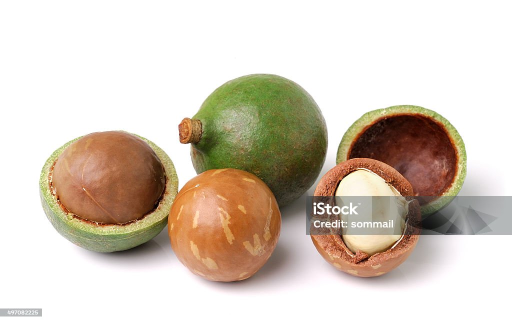 macadamia nuts on white background Antioxidant Stock Photo