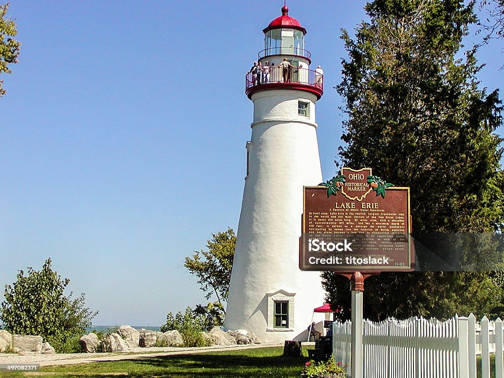 Marblehead Lighthouse The Historic Red & White Lighthouse of Marblehead, OH. Ohio Historical Marker sign telling story of the Lighthouse. Ohio Stock Photo