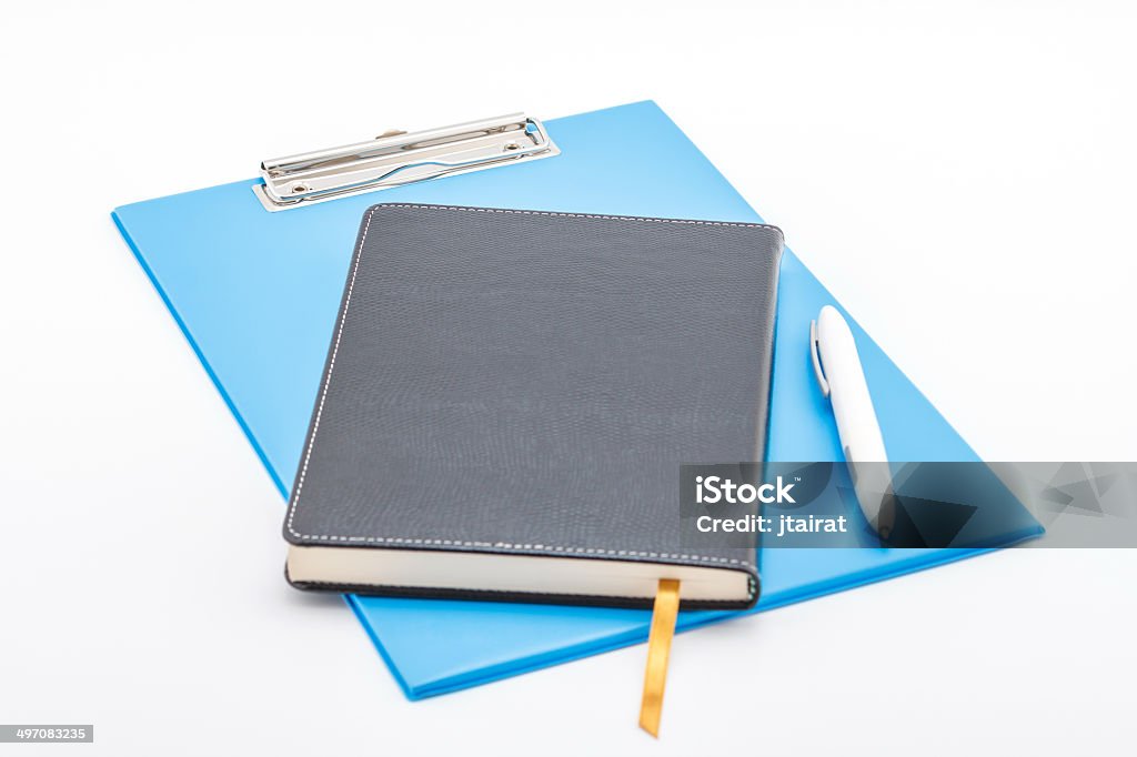 Blue Klemmbrett, Notizbuch und Stift. - Lizenzfrei Bericht Stock-Foto