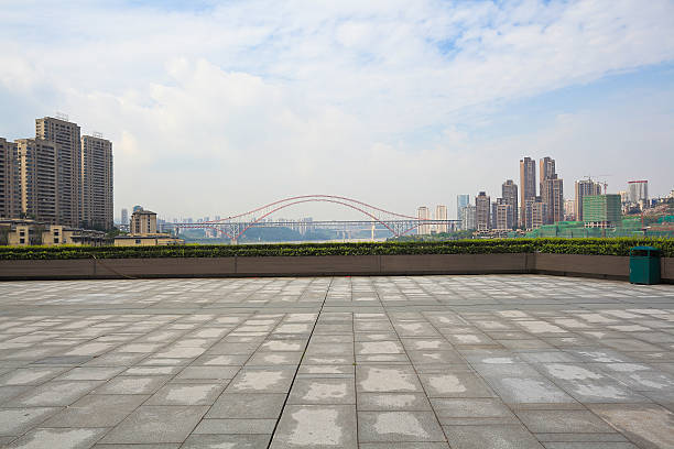 istock Empty marble floor with city building background 497093194