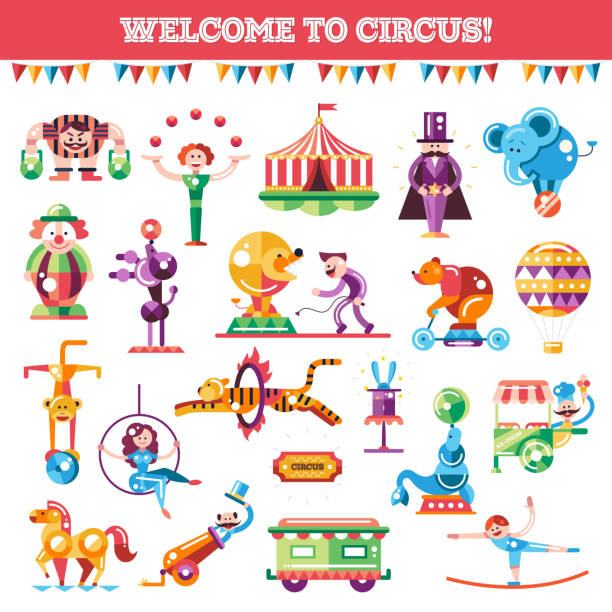 illustrations, cliparts, dessins animés et icônes de ensemble de design plat moderne circus et carnaval icônes, infographie - entertainment clown child circus