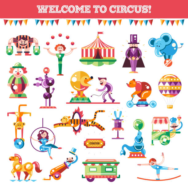 ilustrações de stock, clip art, desenhos animados e ícones de série de moderno design plano e ícones de carnaval circo infographics - entertainment clown child circus