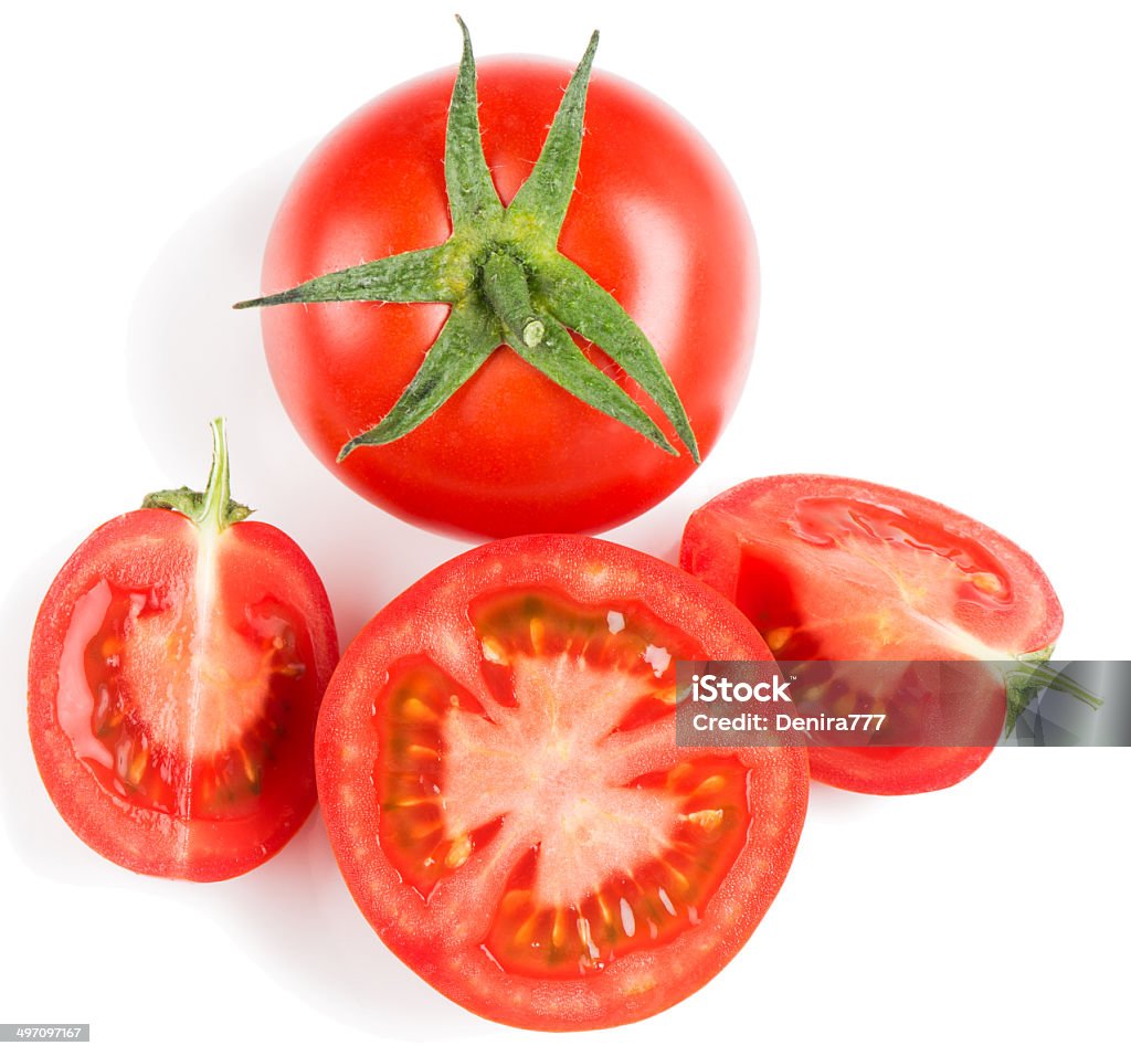 Tomatoes Tomato slice and whole isolated on white background, top view Close-up Stock Photo