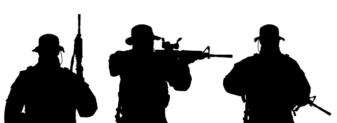 Black silhouettes of the soldiers isolated on white background
