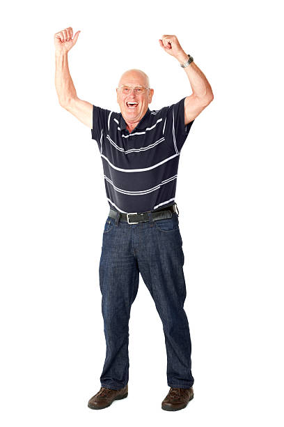 homem idoso feliz celebrando sucesso em branco - ecstatic excitement arms raised men imagens e fotografias de stock