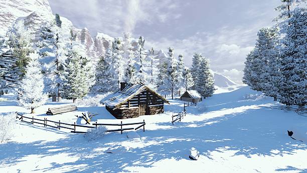 istock Cozy little cabin in a snowy mountains 497099386