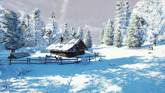 Daytime winter scenery. Cozy little cabin among snowy spruce forest high in mountains. Decorative 3D illustration was done from my own 3D rendering file.