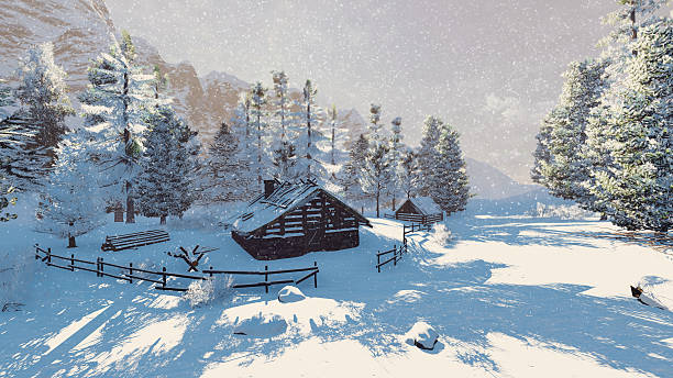 istock Little cabin in a snowy mountains at snowfall 497099474