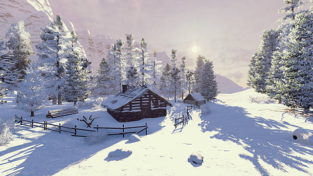 istock Little cabin in a snowy mountains at dawn 497099538
