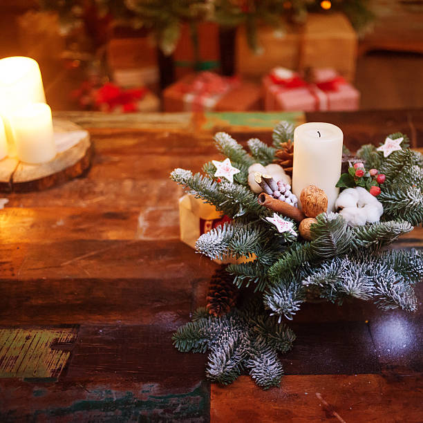 istock Fir branches decorated for the new year on dark wooden 497099726