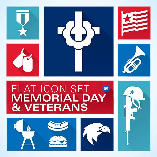 Vector illustration of Flat icons 9 Memorial Day & Veterans