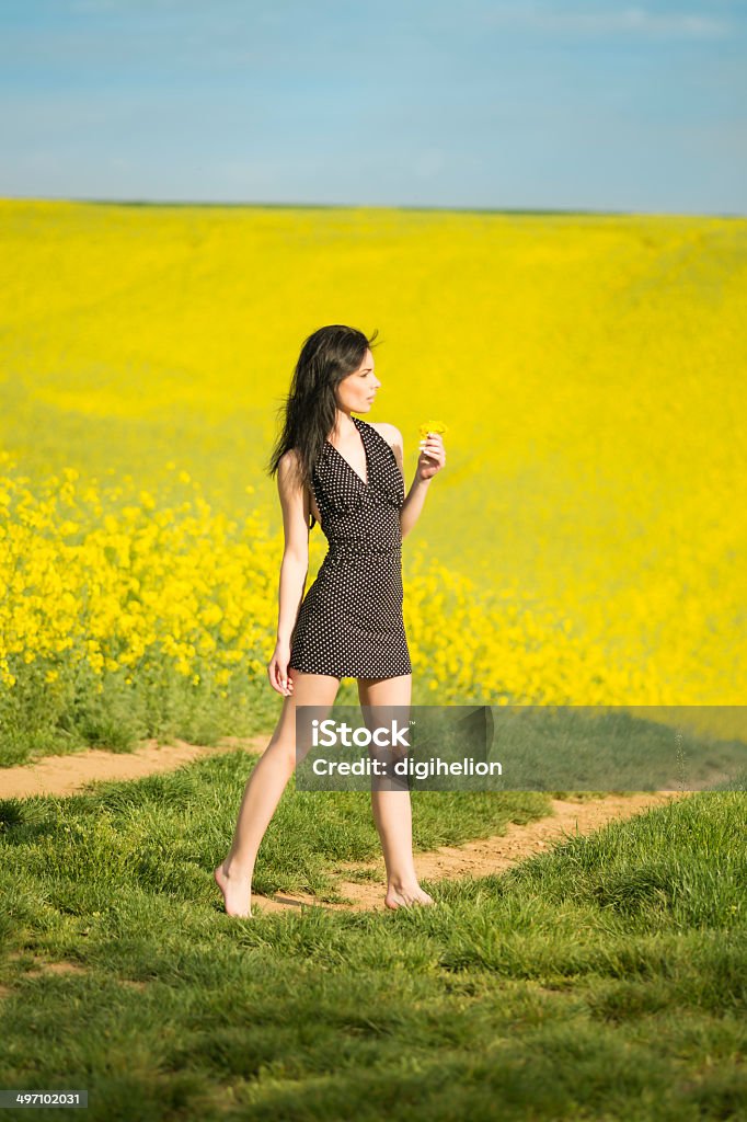 Menina com flores no vento - Foto de stock de Aberto royalty-free