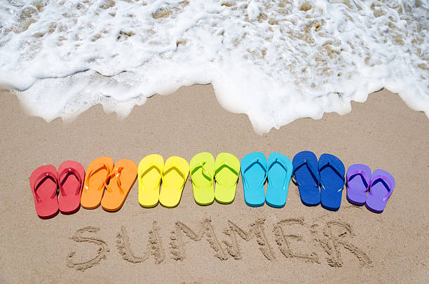 Sign "Summer" and color flip flops on sandy beach Sign "Summer" and color flip flops on sandy beach by the ocean in sunny day june photos stock pictures, royalty-free photos & images