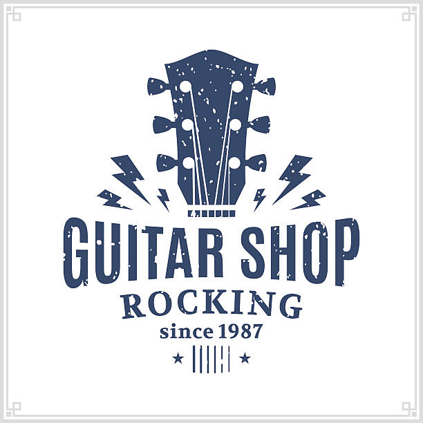 ilustraciones, imágenes clip art, dibujos animados e iconos de stock de tienda de guitarra etiqueta - guitarra