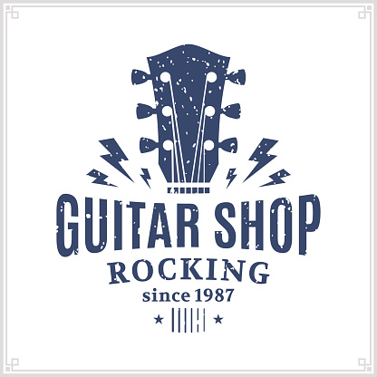 Retro styled guitar shop label template. Music icon for audio store, branding and identity.