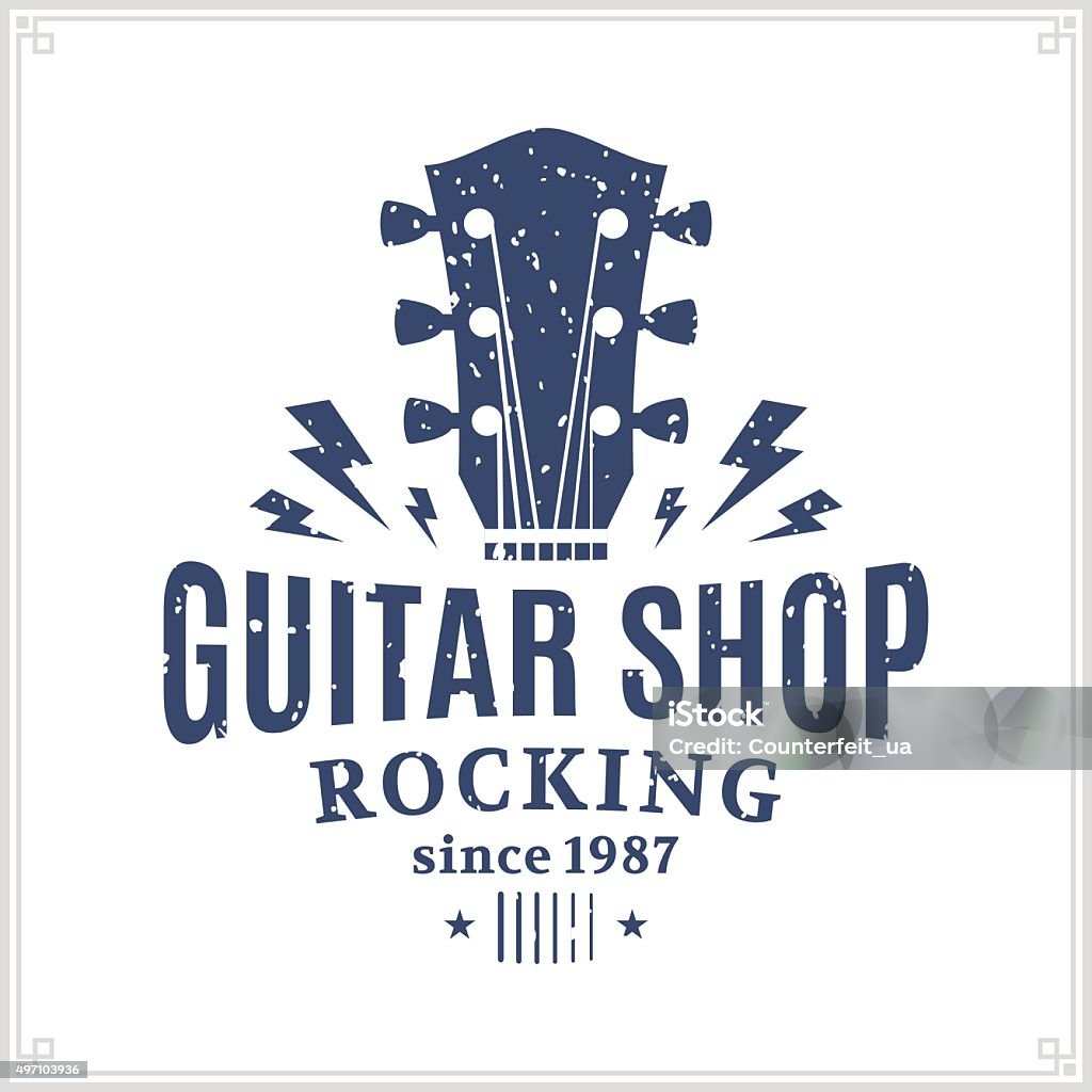 Guitar Shop Label Retro styled guitar shop label template. Music icon for audio store, branding and identity. Guitar stock vector