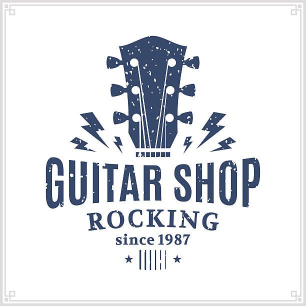 Guitar Shop Label Retro styled guitar shop label template. Music icon for audio store, branding and identity. fashion silhouettes stock illustrations