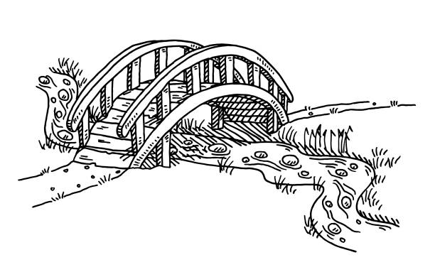 Bridge Over Creek Drawing Hand-drawn vector drawing of a Bridge Over a Creek. Black-and-White sketch on a transparent background (.eps-file). Included files are EPS (v10) and Hi-Res JPG. landscape scenery clipart stock illustrations