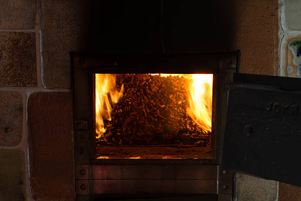 istock burning in the furnace pellets from pine 497105230