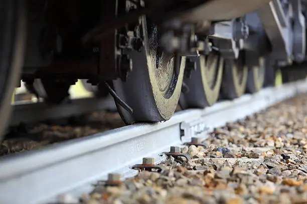 Heavy railway train wheels on a track