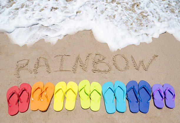 istock Color flip flops by the ocean 497113057