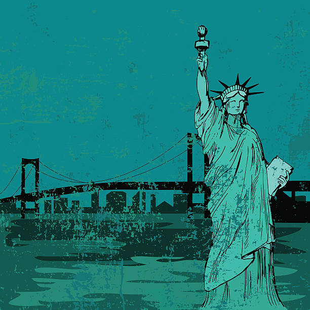 ilustraciones, imágenes clip art, dibujos animados e iconos de stock de dibujados a mano estatua de la libertad y de bridge-vector - new york city brooklyn new york state bridge