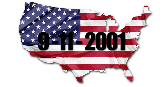 The US national flag in map of United States with the date of the Patriotic day, September 11, 2001, attack to the Twin Towers in New York.