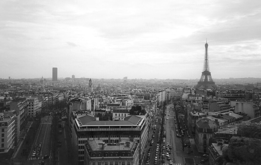 Paris skyline view from Eiffel Tower. Black and white.