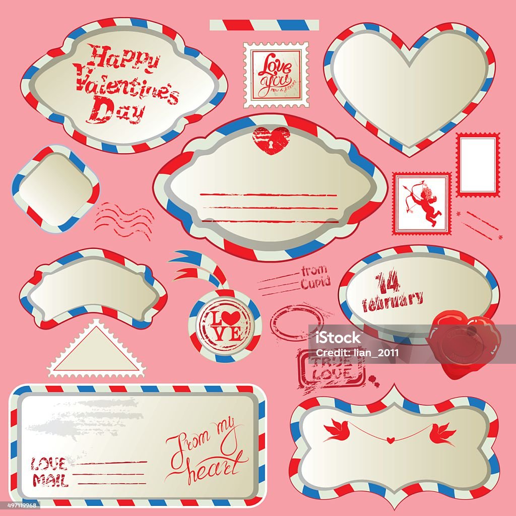 Borders in post mail style.  Happy Valentines Day Borders in post mail style with handwritten calligraphic text Happy Valentines Day, design elements for holidays. Collection of stamps, envelops, labels, Frames. Made with love. 2015 stock vector