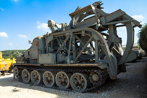 Latrun, Israel - October 14, 2015:  Soviet BTM High speed ditching machine was captured by IDF troops during Yom Kippur War(1973) from Syrian army in Golan Heights on display at Yad La-Shiryon Armored Corps Museum 