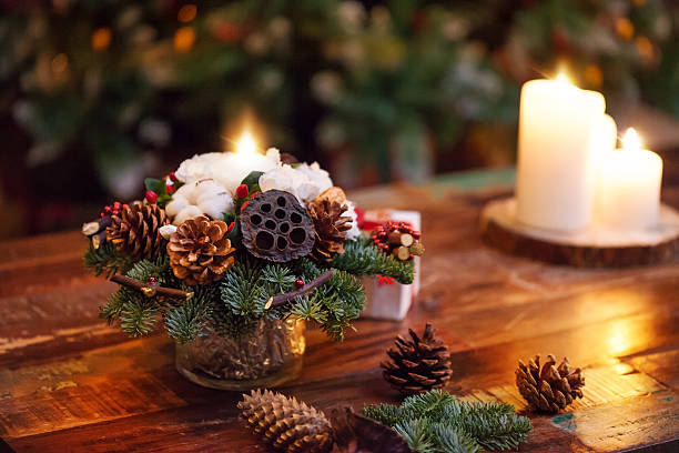 istock Fir branches decorated for the new year on dark wooden 497122044