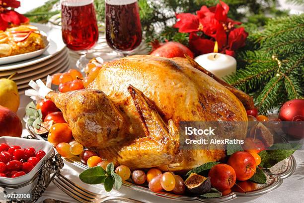 Roasted Turkey On Holiday Table Stock Photo - Download Image Now - 2015, Baked, Candle